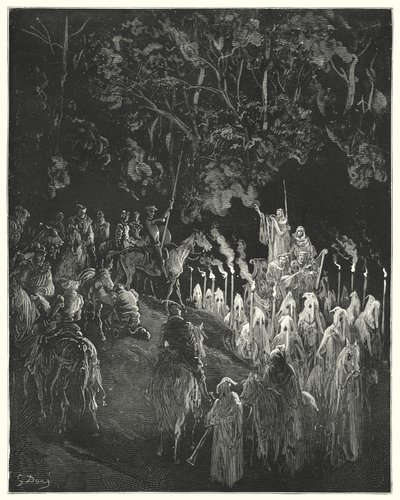 Gustave Dores Don Quixote: "Figuren i kjolen rejste sig" (gravering) af Gustave Dore