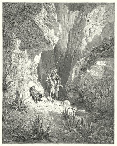 Gustave Dores Don Quixote: "Det første, han fandt, var det grove udkast til en sonet; så han læste det højt" (gravering) af Gustave Dore