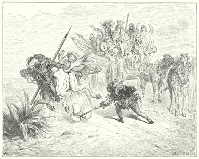 Gustave Dores Don Quixote: "Stykkets fjols kom op og sprang rundt med sine morriceklokker" (gravering) af Gustave Dore