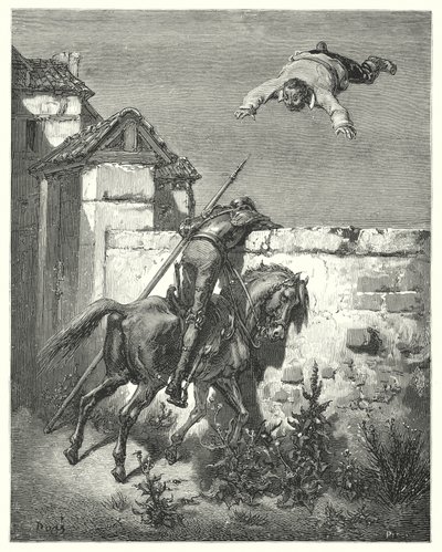Gustave Dores Don Quixote: "Jo mere han stormede, jo mere kastede de og lo" (gravering) af Gustave Dore