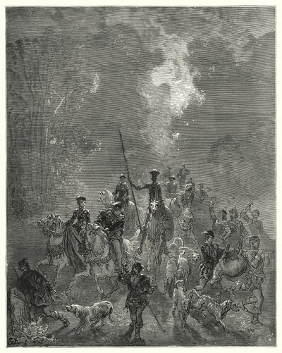 Gustave Dores Don Quixote: "Morgenen begyndte at sprede hendes smilende blik i den østlige del af himlen" (gravering) af Gustave Dore