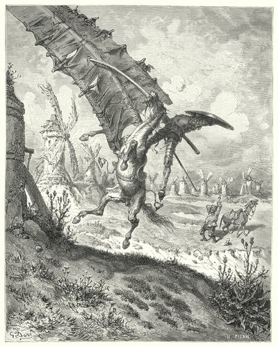 Gustave Dores Don Quixote: "Sejlet smed både ridder og hest væk sammen med det" (gravering) af Gustave Dore