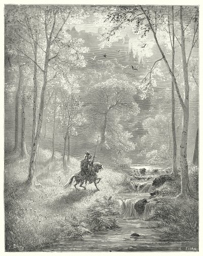 Gustave Dores Don Quixote: "Himlen forekommer ham mere gennemsigtig, og solen ser ud til at skinne med fordoblet lysstyrke" (gravering) af Gustave Dore