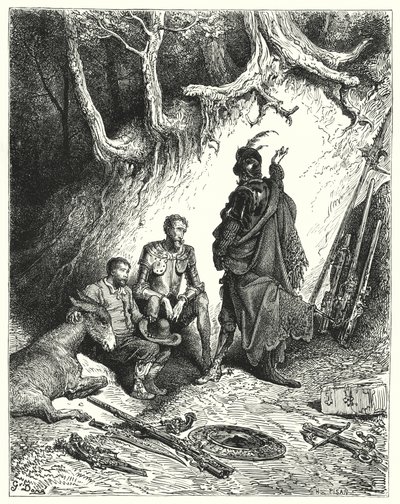 Gustave Dores Don Quixote: "Væberne forlod Don Quixote, Roque og Sancho for at afvente deres tilbagevenden" (gravering) af Gustave Dore