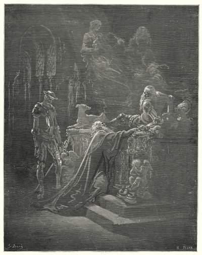 Gustave Dores Don Quixote: "Den ærværdige Montesinos faldt på knæ foran den ramte ridder" (stik) af Gustave Dore