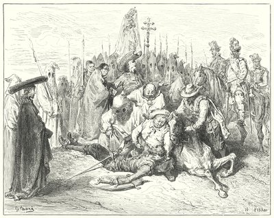 Gustave Dores Don Quijote: "De uhyggelige accenter af væbnerens stemme blev endelig kaldt Don Quijote for sig selv" (gravering) af Gustave Dore