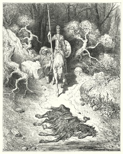 Gustave Dores Don Quixote: "De kom til en park, hvor de fandt et muldyr liggende død" (gravering) af Gustave Dore