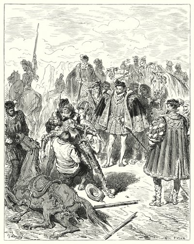 Gustave Dores Don Quixote: "De fandt ham bleg og i koldsved" (gravering) af Gustave Dore
