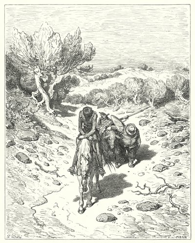 Gustave Dores Don Quixote: "De passerede den dag, og fire mere efter det, i sådan en form for diskurs" (gravering) af Gustave Dore
