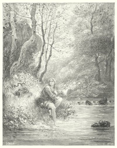 Gustave Dores Don Quixote: "De spionerede en ung i en landlig vane, der sad ved foden af en klippe bag et asketræ" (gravering) af Gustave Dore