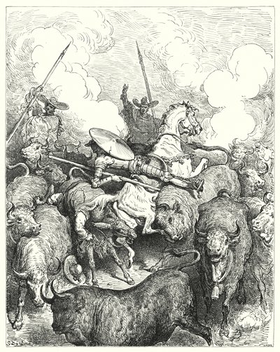 Gustave Dores Don Quixote: "De trampede dem under fødder med en ubarmhjertig fart" (gravering) af Gustave Dore