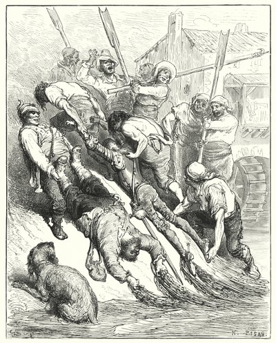 Gustave Dores Don Quixote: "De blev begge trukket i land, mere gennemblødte end tørstige" (gravering) af Gustave Dore