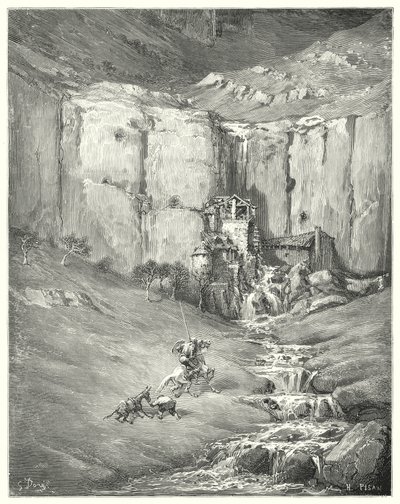 Gustave Dores Don Quixote: "Da de kom nærmere, begyndte selv tålmodige Rozinante selv ved den frygtelige lyd" (gravering) af Gustave Dore