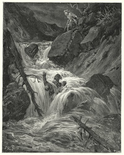 Gustave Dores Don Quixote: "Med den lille styrke, jeg havde, skubbede jeg ham ned ad et afgrund, hvor jeg forlod ham" (gravering) af Gustave Dore