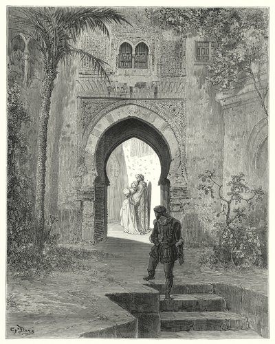 Gustave Dores Don Quixote: "Zoraida, der viste problemer i sit udseende, gik væk med sin far" (gravering) af Gustave Dore