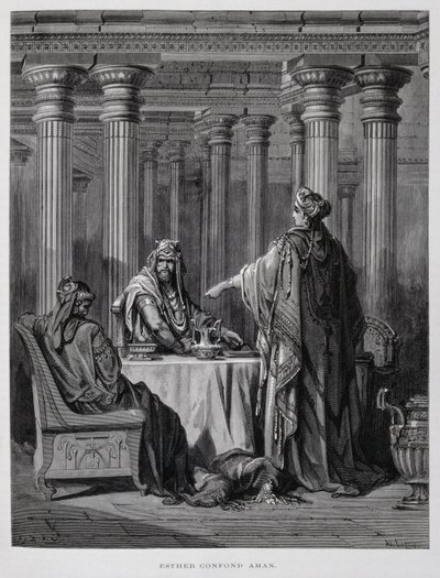 Haman fordømt af dronning Ester, illustration fra Dore-bibelen af Gustave Dore