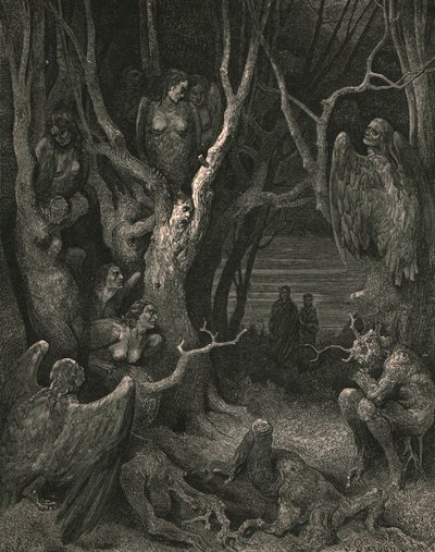 Her laver de brute harpier deres rede, c1890. af Gustave Dore