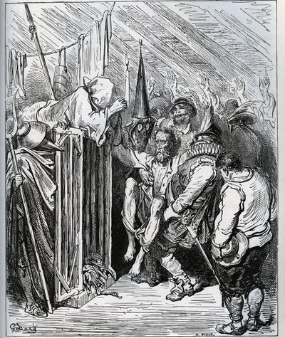 Sådan slipper du af med Don Quixote. Folkene i hotelbutikken besluttede at spærre ham inde ved at få ham til at tro på en ny fortryllelse og en ny ridderlig test - fra "Don Quixote de la Mancha" af Miguel Cervantes (1547-1616) (Don Quixote) - Træsnit efter af Gustave Dore