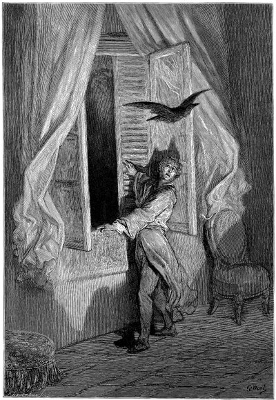 Illustration af Gustave Dore (1832-1883) til Edgar Allan Poes novelle "Ravnen" (The Raven). Denne serie blev færdiggjort af Dore i 1883, året for hans død, og er derfor et af hans seneste værker. af Gustave Dore