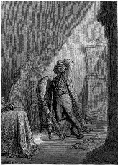 Illustration af Gustave Dore (1832-1883) til Edgar Allan Poes novelle "Ravnen" (The Raven). Denne serie blev færdiggjort af Dore i 1883, året for hans død, og er derfor et af hans seneste værker. af Gustave Dore
