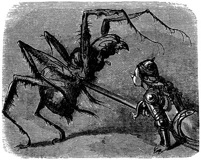 Illustration af Gustave Dore (1832-1883) til Ernest Lepines bog "La legende de Croquemitaine" (1863) - Foran dette billede af kamp med sværdet mod en gigantisk araignee kan man ikke lade være med at tænke på kampen mellem Frodo og Aragne i Tolkien