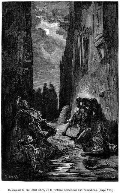 Illustration af Gustave Dore til Theophile Gautiers roman "Le Capitaine Fracasse" - Edition Charpentier 1883, praktisk talt identisk med den første udgave illustreret af G. Dore på samme forlag i 1866. Kapitel "Sværd, slag og andre eventyr af Gustave Dore