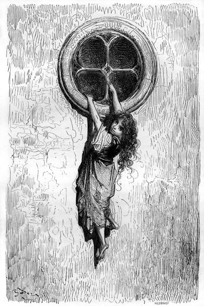 Illustration af Gustave Dore til romanen "Le Capitaine Fracasse" af Theophile Gautier (1811-1872). Den unge Chiquita, der er smidig som en kat og tynd som en slange, går gennem et vindue for at slutte sig til den fængslede Isabelle. af Gustave Dore