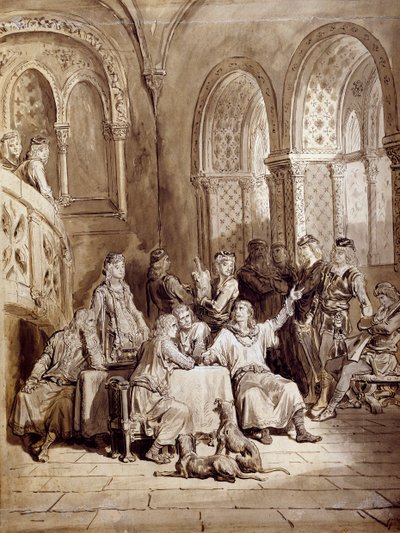 Illustration til serien af digte, Idylls of the King af Albert Tennyson (1809-1892), gravering af Gustave Dore