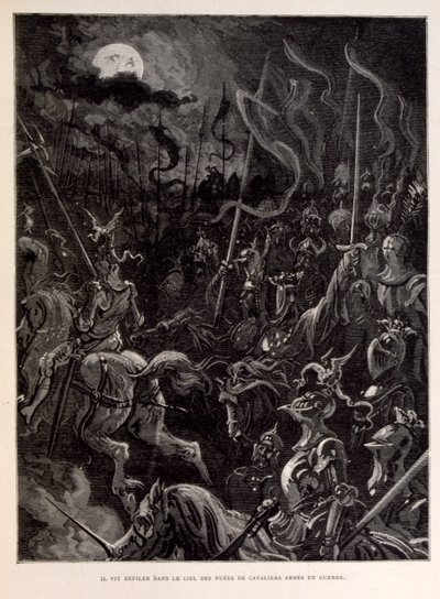 Illustration af riddere i kamp under en måneskinnet aften. af Gustave Dore