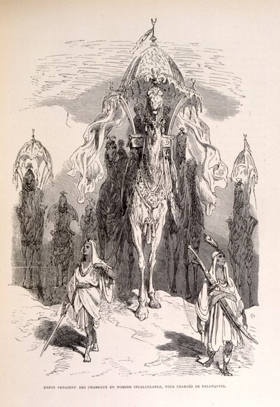 Illustration af et orientalsk kameltog med tjenere og vogn. af Gustave Dore