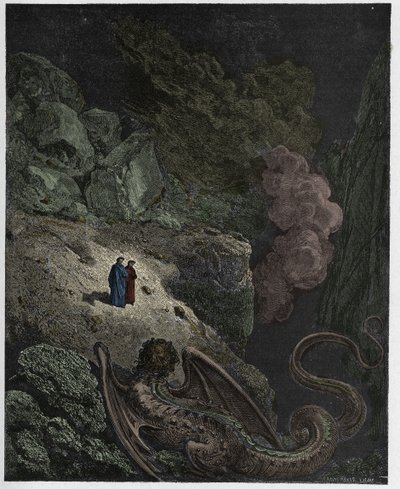 Inferno, Canto 17: Geryon, symbol på bedrag, illustration fra "Den guddommelige komedie" af Dante Alighieri, 1885 af Gustave Dore