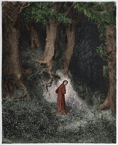 Inferno, Canto 1: Dante i den vilde skov, illustration fra "Den guddommelige komedie" af Dante Alighieri, 1885 af Gustave Dore