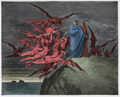 Inferno, Canto 21: Dæmonerne truer Virgil, illustration fra "Den guddommelige komedie" af Dante Alighieri, 1885 af Gustave Dore