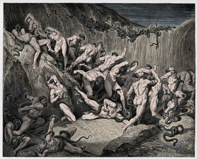 Inferno, Canto 24: Tyvene plaget af slanger, illustration fra "Den guddommelige komedie" af Dante Alighieri, 1885 af Gustave Dore