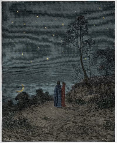 Inferno, Canto 2: Den første nats mørkere himmel, illustration fra "The Divine Comedy" af Dante Alighieri, 1885 af Gustave Dore