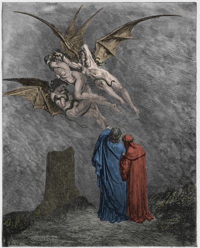 Inferno, Canto 9: De hæslige Erinyes: Megaera, Tisiphone, Alecto af Gustave Dore