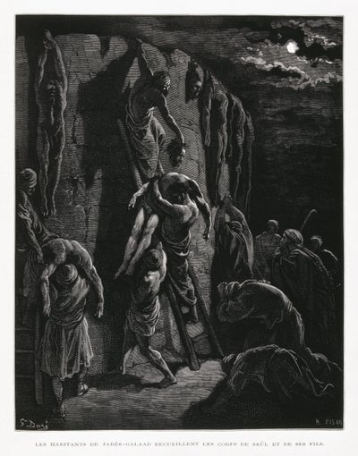 Jabesh-Gileaditterne finder ligene af Saul og hans sønner, illustration fra Dore-bibelen af Gustave Dore