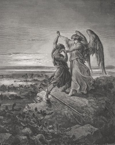 Jacob Wrestling with the Angel, 1. Mosebog 32:24-32, illustration fra Dores 