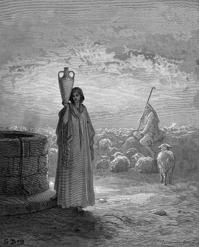 Jakob, der holder Labans hjorde, ser Rakel ved brønden. Første Mosebog 29. Fra Gustave Dores illustrerede bibel 1866. Træstik af Gustave Dore