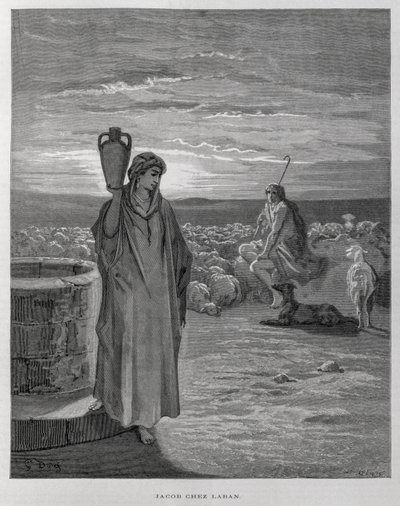 Jakob ser Rakel ved brønden i Labans hjem, Illustration fra Dore Bible af Gustave Dore