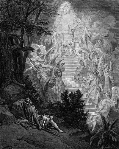 Jacobs drøm om en trappe, der fører til himlen med Gud på toppen, 1865-1866 af Gustave Dore