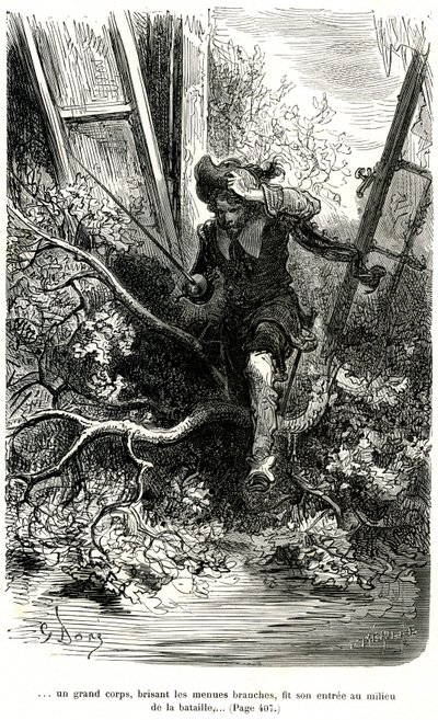 Jacquemin Lampourde, med pistolen i hånden, kom til et punkt i kampen. Kobberstik af Gustave Dore, der illustrerer Theophile Gautiers pikareskroman om kappe og kårde "Le capitaine Fracasse", edition Charpentier 1863. af Gustave Dore