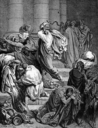 Jesus Kristus jagter templets købmænd. Illustration af Gustave Doré. af Gustave Dore