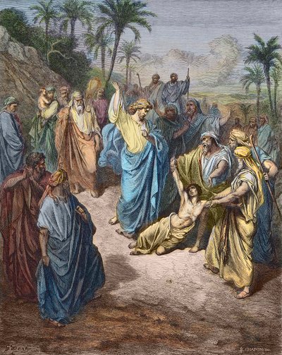 Jesus Kristus kæmper mod en ung besat af Dæmonen - Jesus helbreder den gale - Farvegravering efter Gustave Dore. af Gustave Dore