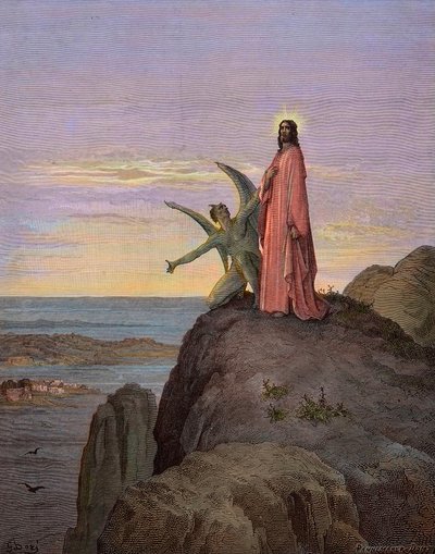 Jesus i ørkenen, udsat for djævelens fristelse - Kristi fristelse - Satan fristede Jesus - gravering af Gustave Dore - senere farvelægning af Gustave Dore