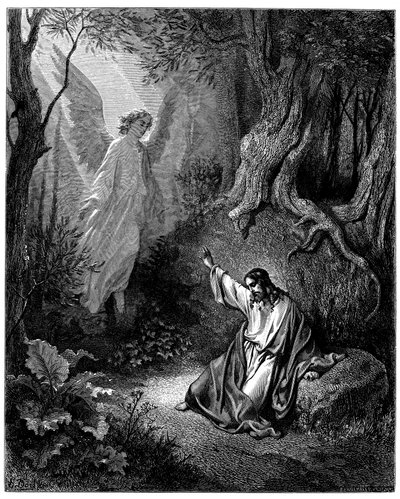 Jesus på Oliebjerget: en engel viser sig for ham for at give ham mod - Illustration af Gustave Dore for The Bible -. af Gustave Dore