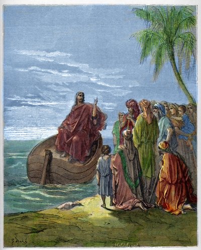 Jesus prædiker ved Genezareth-søen (Genesareth, Ginosar eller Kinneret) (Tiberiad-søen) (Galilæas Sø) - Jesus prædiker ved Genesaret Sø - - indgravering i "Bibelen illustree" af Gustave Dore (1832-1883) - Indgravering fra " "The Dore Bible"" af Gustave Dore