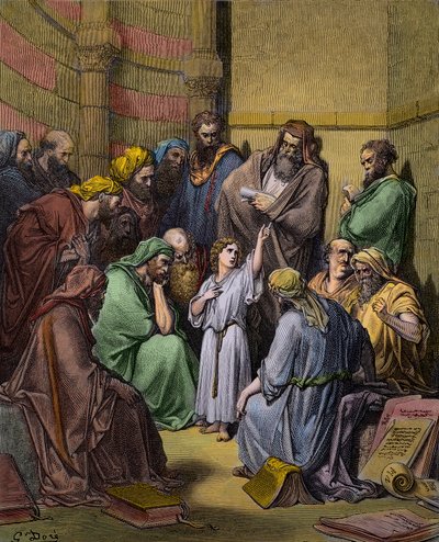 Jesus med lægerne i templet - Jesus ved templet blandt lægerne - gravering af Gustave Dore (1832-1883) - senere farvelægning af Gustave Dore
