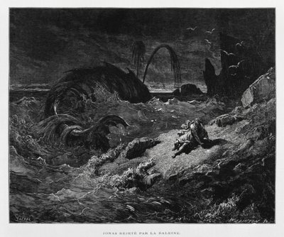 Jonas kastet op på land af hvalen, Illustration fra Dore Bible af Gustave Dore