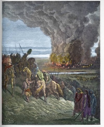 Joshua brænder byen Ai - Erobringen af byen Ai (Hai) af Josue (Josue Book to Flames the City of Ai) - indgravering i "" The Bible illustree"" af Gustave Dore (1832-1883) - Gravering fra ""The Dore Bible"" af Gustave Dore